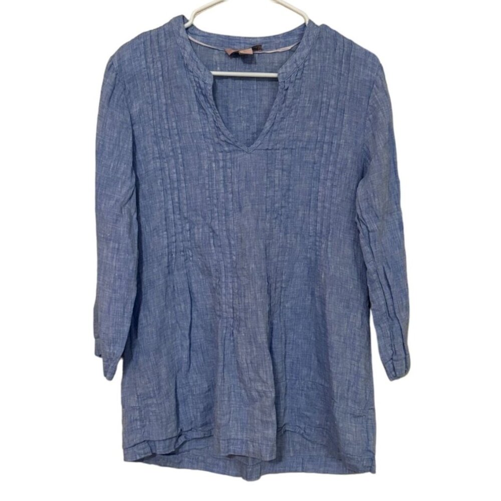 Saint Tropez West 100% linen Blue V Neck blouse Top Womans‎ Size Large